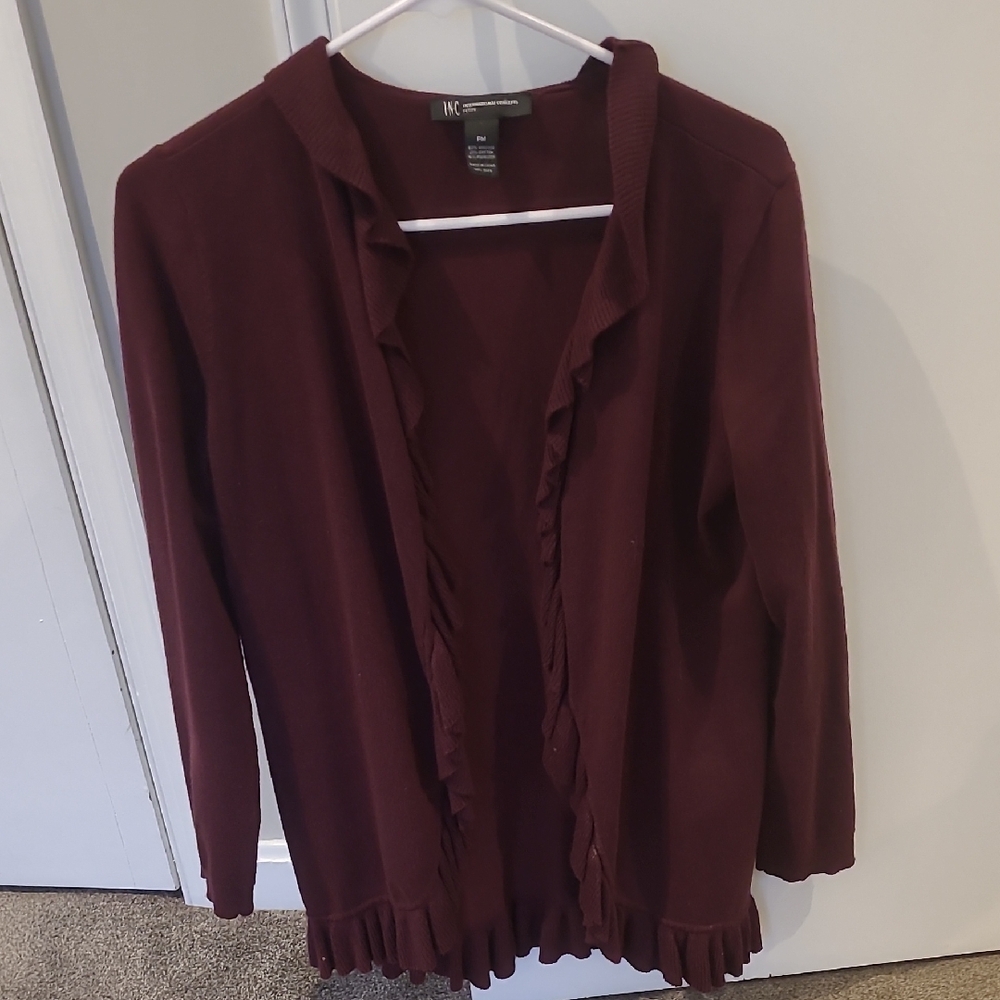 INC International Concepts Burgundy Ruffle Cardigan